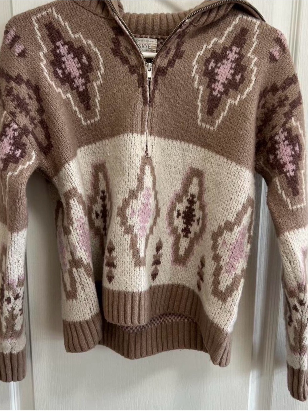 Wild Skye Half-Zip Knit Sweater in Brown & Cream with Pink Detail